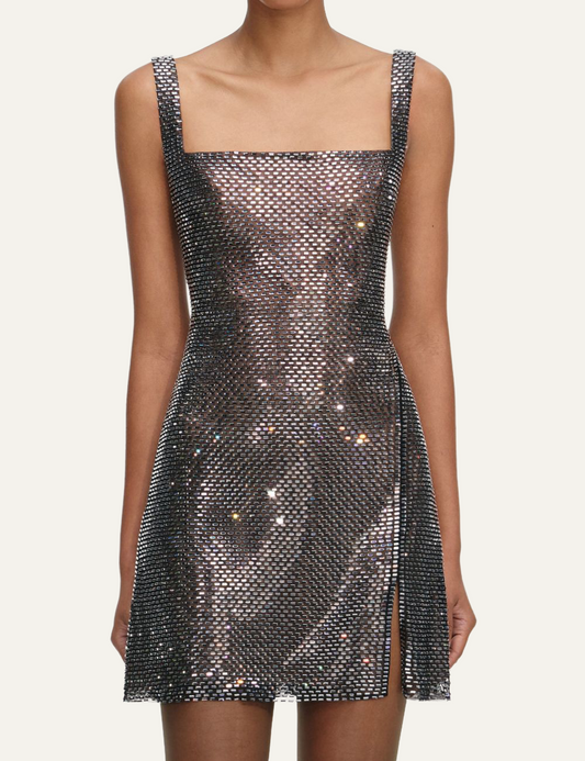 Self-Portrait mesh mini dress in grey with rhinestone details – close view