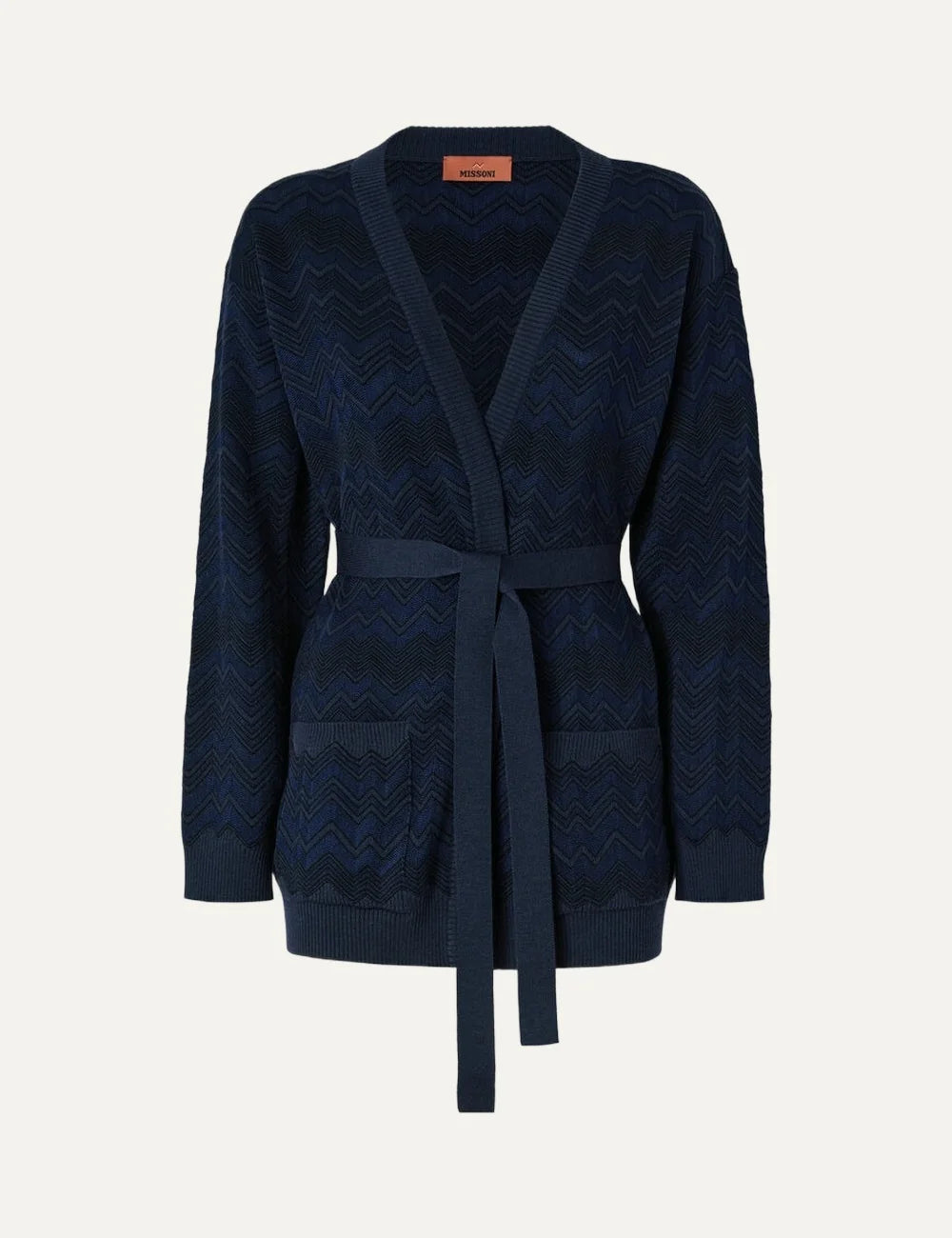 Missoni women's navy blue long knit cardigan with tonal zigzag pattern, deep V-neck, front pockets and tie waist belt.