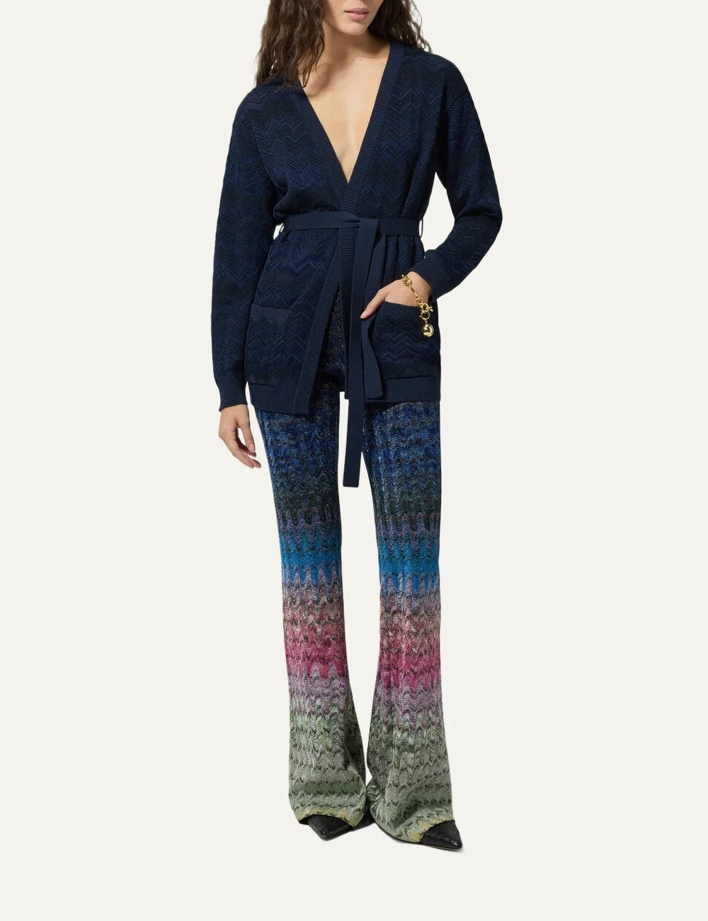 Missoni women's navy blue long knit cardigan with tonal zigzag pattern, deep V-neck, front pockets and tie waist belt full body