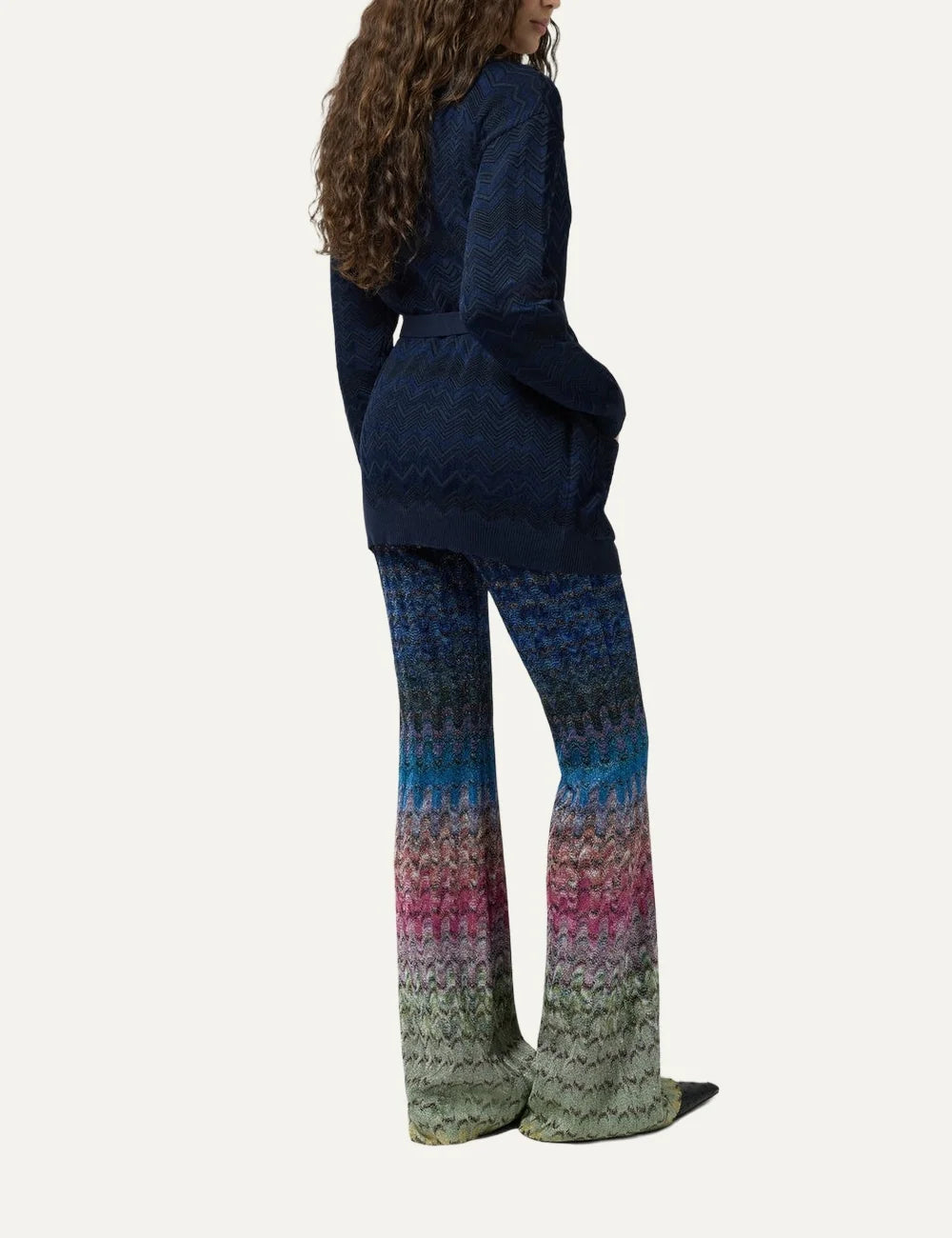 Missoni women's navy blue long knit cardigan with tonal zigzag pattern, deep V-neck, front pockets and tie waist belt back