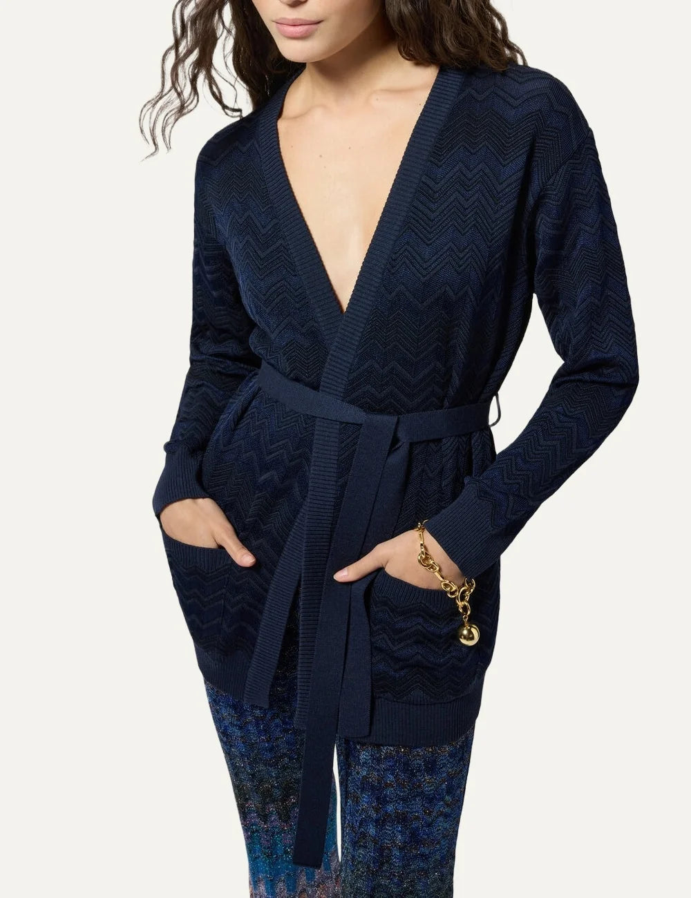 Missoni women's navy blue long knit cardigan with tonal zigzag pattern, deep V-neck, front pockets and tie waist belt side