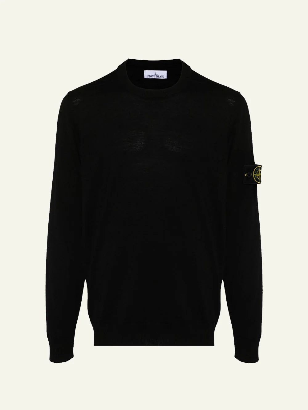 Men's Stone Island black wool fine-gauge crewneck sweater with Compass logo patch