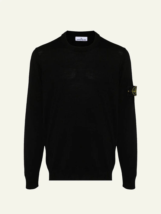 Men's Stone Island black wool fine-gauge crewneck sweater with Compass logo patch