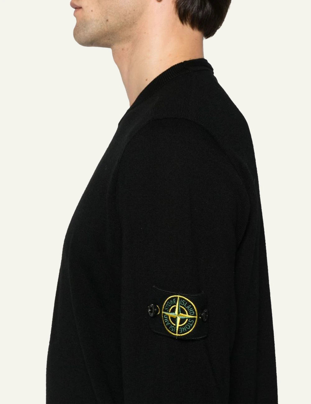 Men's Stone Island black wool fine-gauge crewneck sweater with Compass logo patch side detail