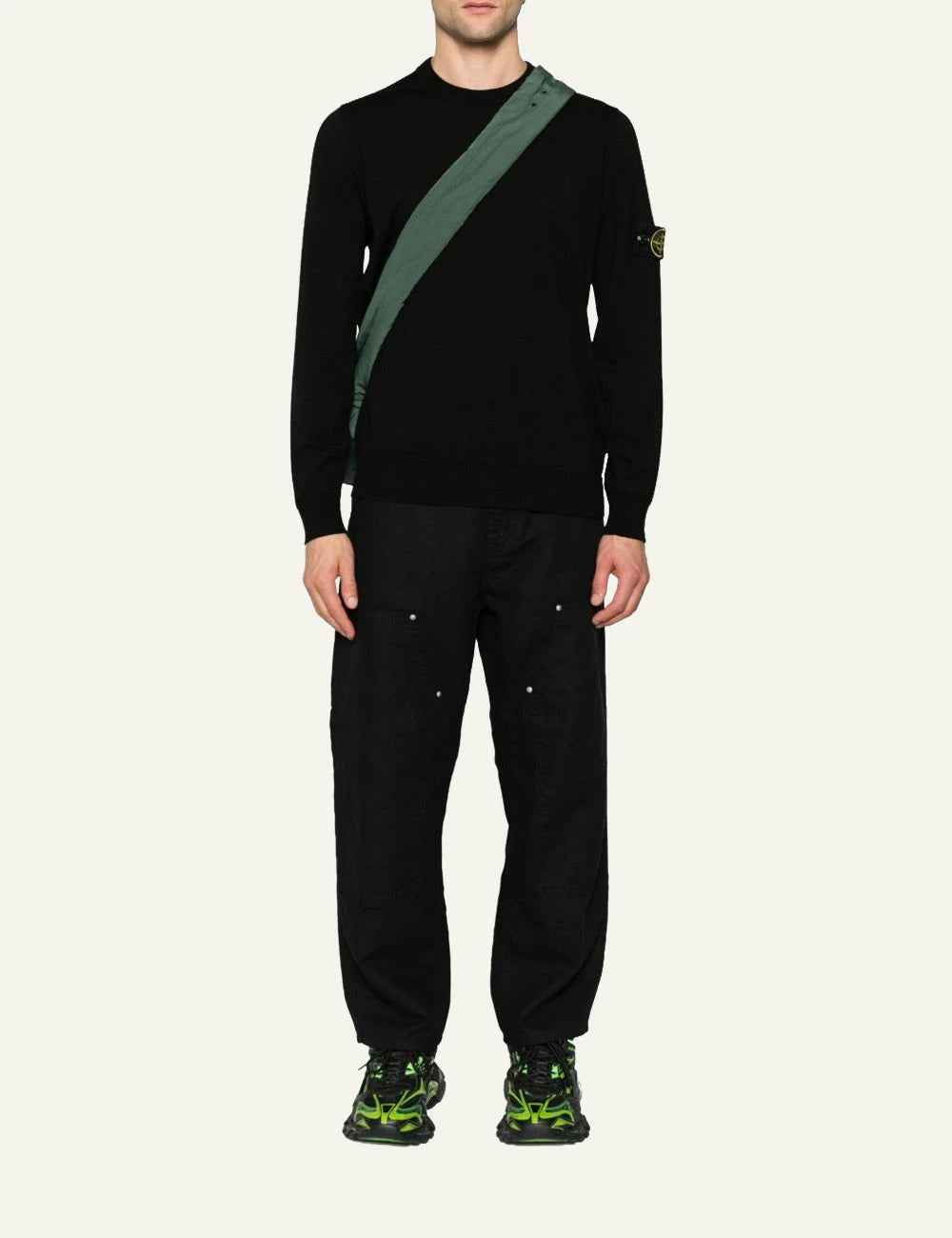 Men's Stone Island black wool fine-gauge crewneck sweater with Compass logo patch full body