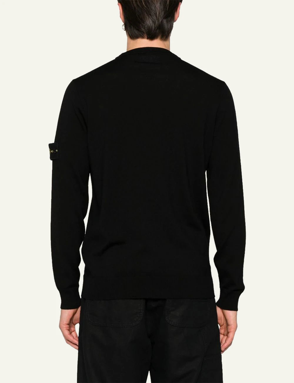 Men's Stone Island black wool fine-gauge crewneck sweater with Compass logo patch back