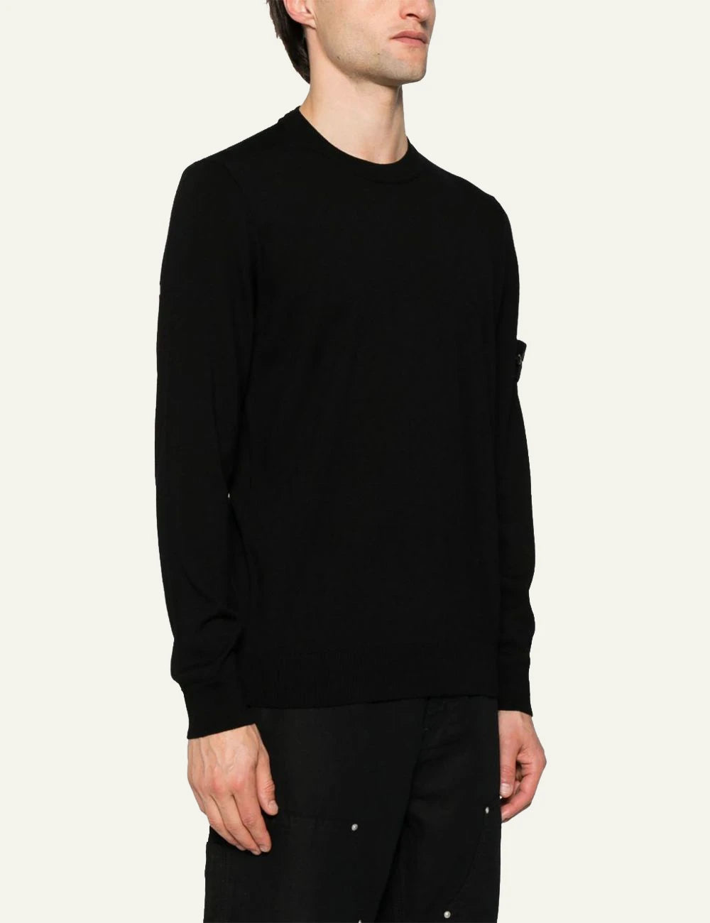 Men's Stone Island black wool fine-gauge crewneck sweater with Compass logo patch side