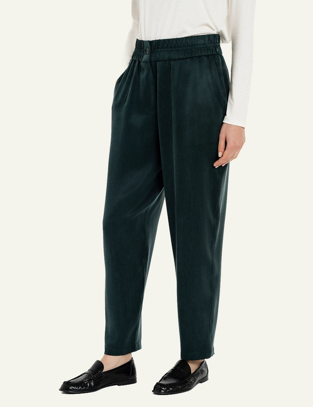 Philosophy green cupro viscose jogger pants for women worn by model