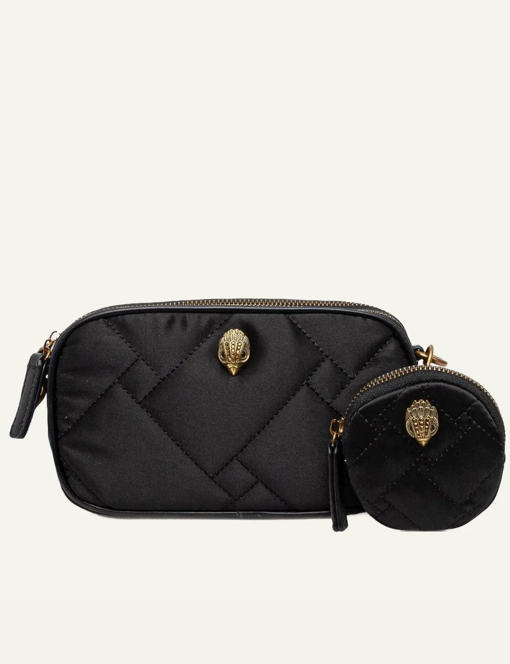 Kurt Geiger London recycled small 2zip camera bag black quilted nylon front view