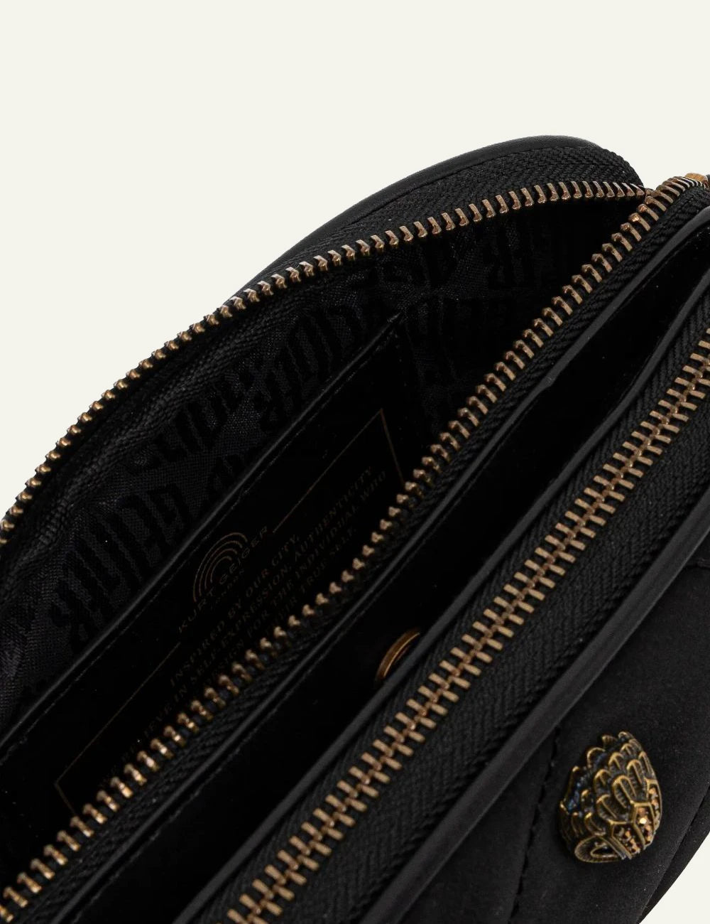 Kurt Geiger London recycled 2zip camera bag black interior view with zip compartments