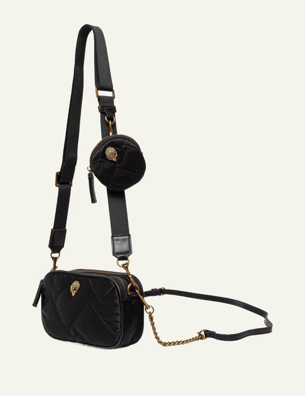Kurt Geiger London recycled small 2zip camera bag black with adjustable shoulder strap and pouch