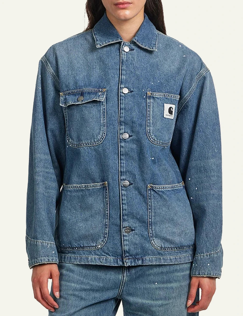 Carhartt WIP OG Michigan coat se blue washed denim me paint splatter front