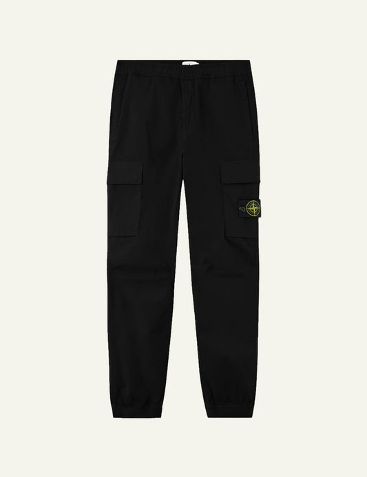 Men's Stone Island black stretch organic cotton twill cargo trousers with Compass patch