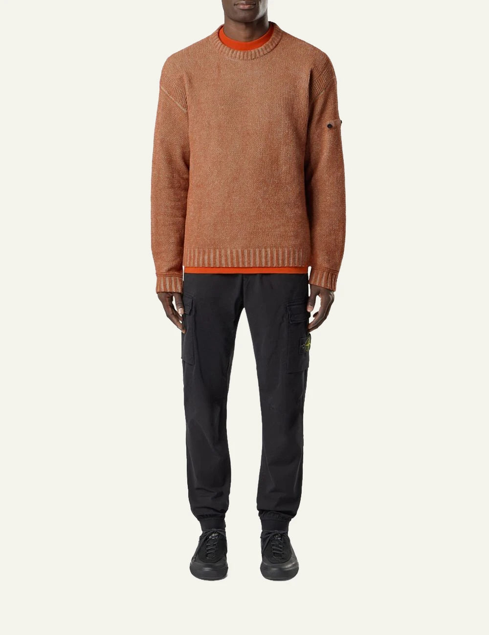 Men's Stone Island black stretch organic cotton twill cargo trousers with Compass patch full body