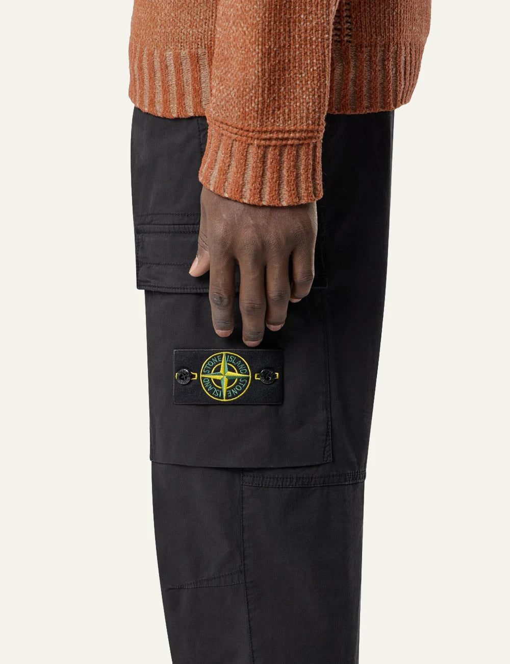 Men's Stone Island black stretch organic cotton twill cargo trousers with Compass patch side detail