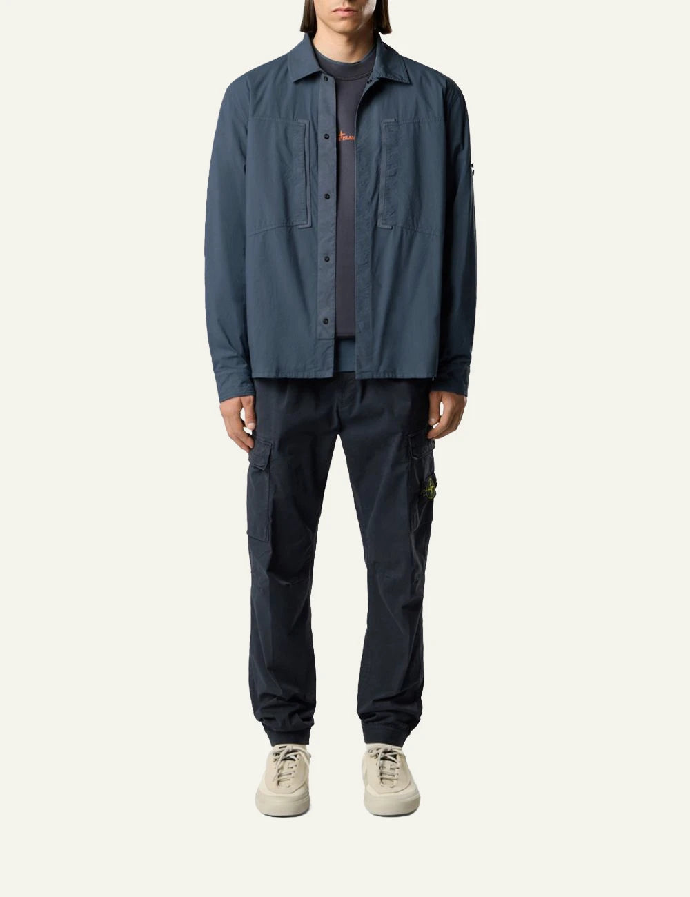 Men's Stone Island navy blue stretch organic cotton twill cargo trousers with Compass patch full body