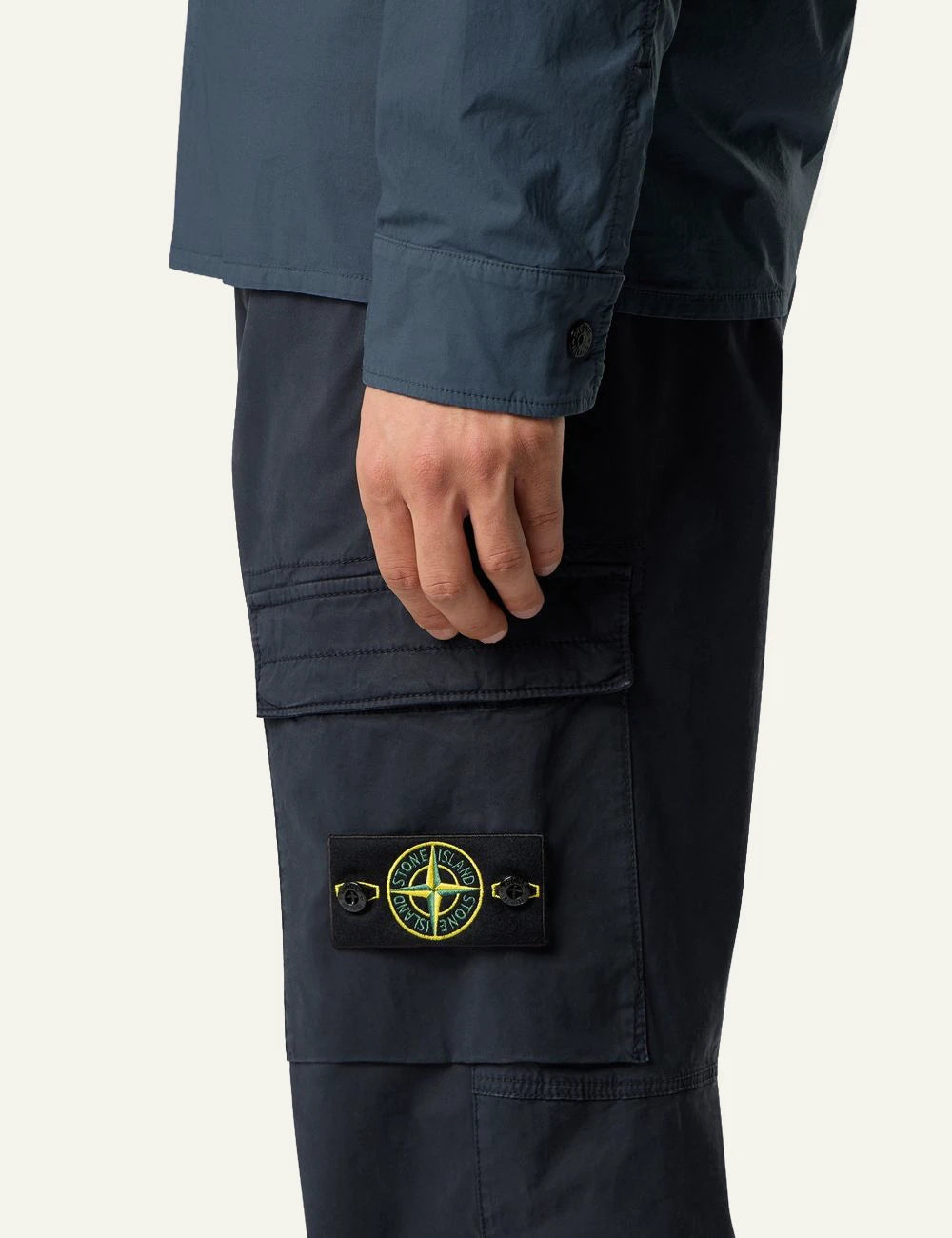 Men's Stone Island navy blue stretch organic cotton twill cargo trousers with Compass patch side