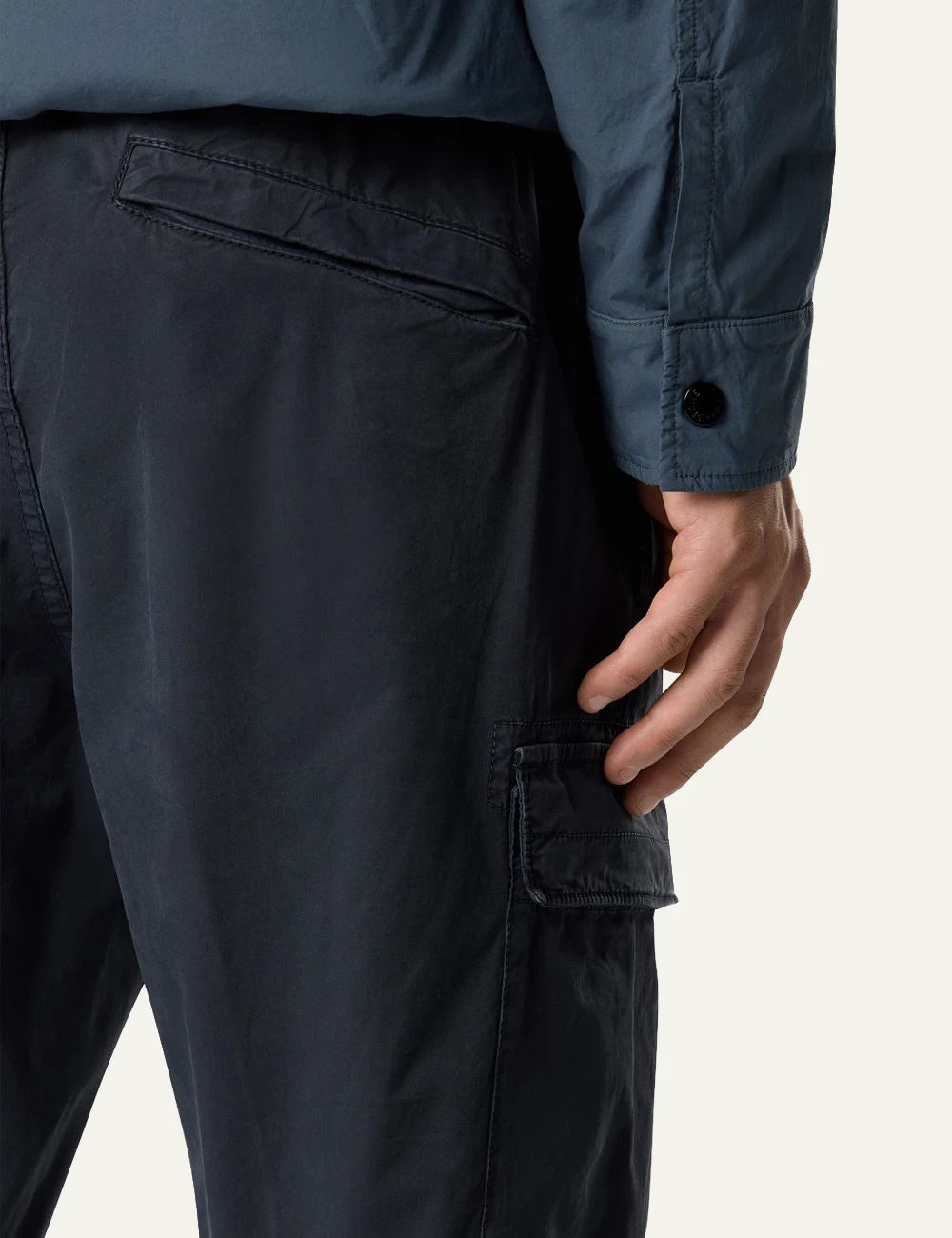 Men's Stone Island navy blue stretch organic cotton twill cargo trousers with Compass patch back