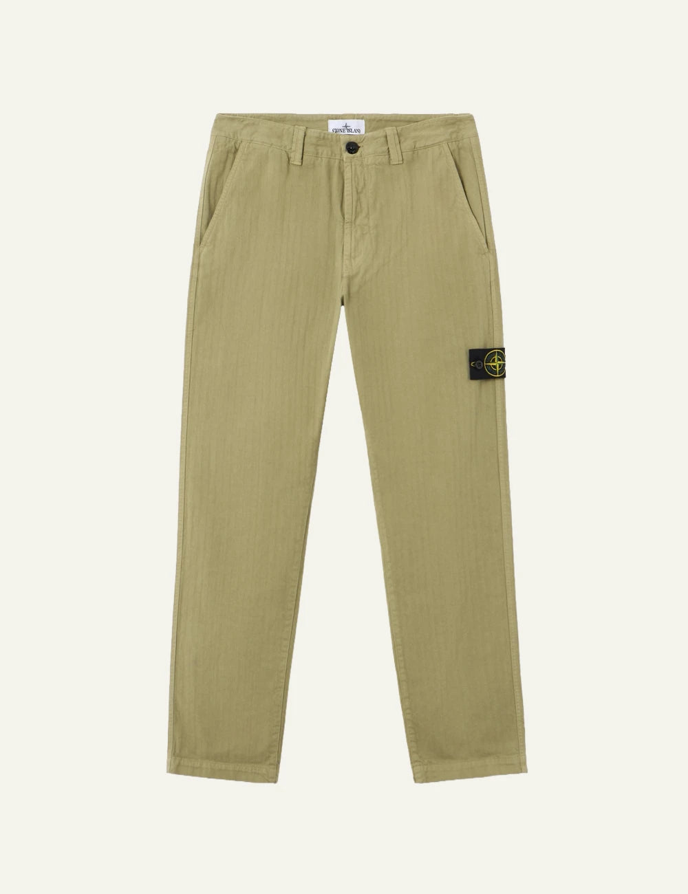 Men's Stone Island olive cotton herringbone chino trousers with Compass logo patch