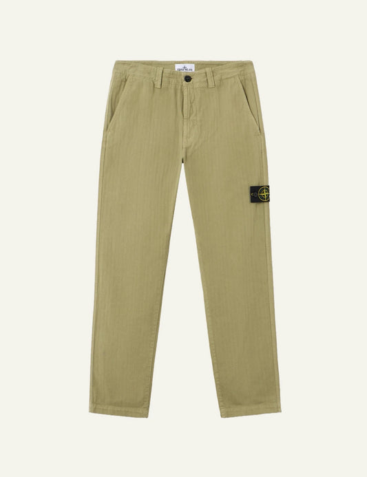 Men's Stone Island olive cotton herringbone chino trousers with Compass logo patch