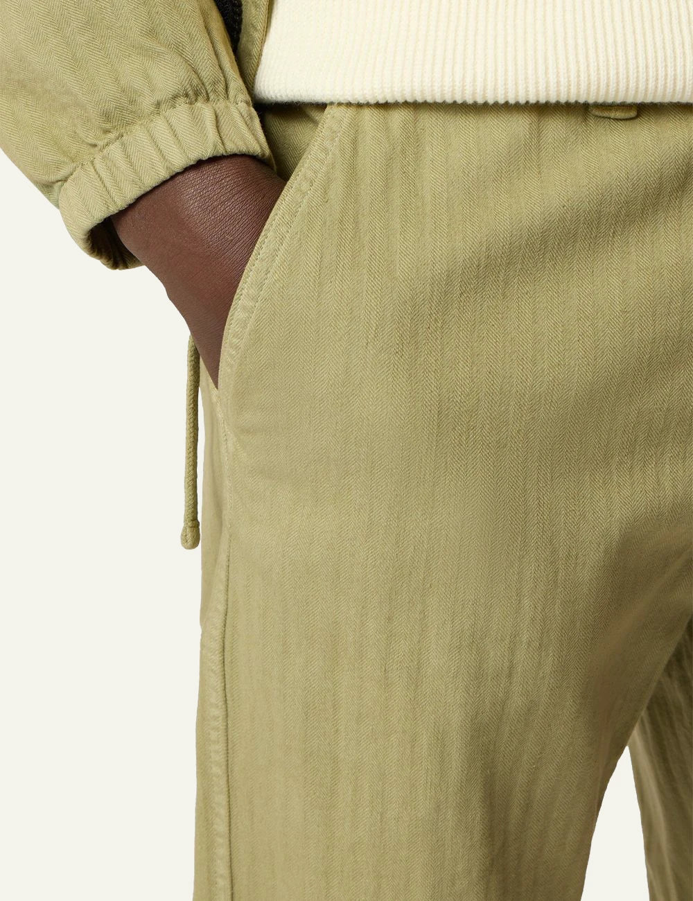 Men's Stone Island olive cotton herringbone chino trousers with Compass logo patch pocket