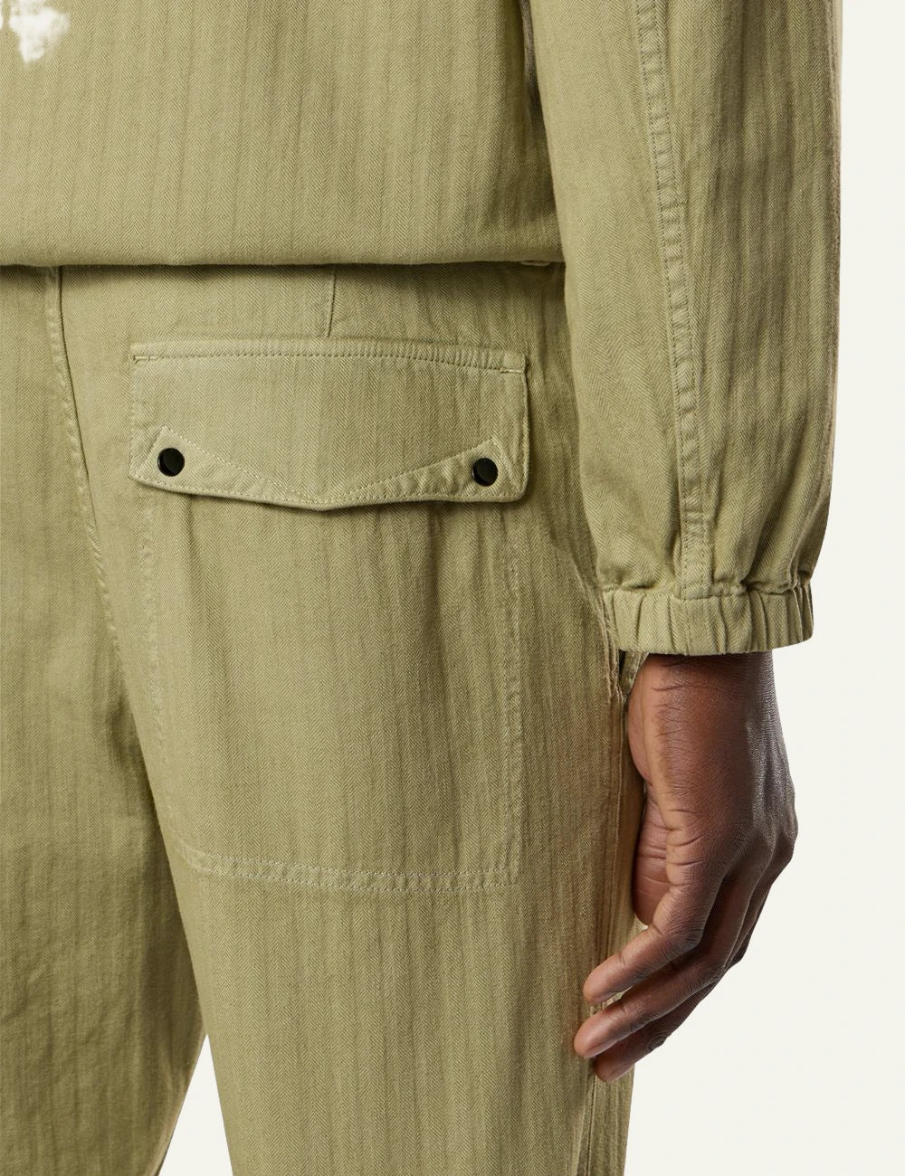 Men's Stone Island olive cotton herringbone chino trousers with Compass logo patch back detail