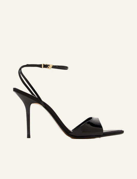 Schutz Elodie black patent leather stiletto sandal with ankle strap side view