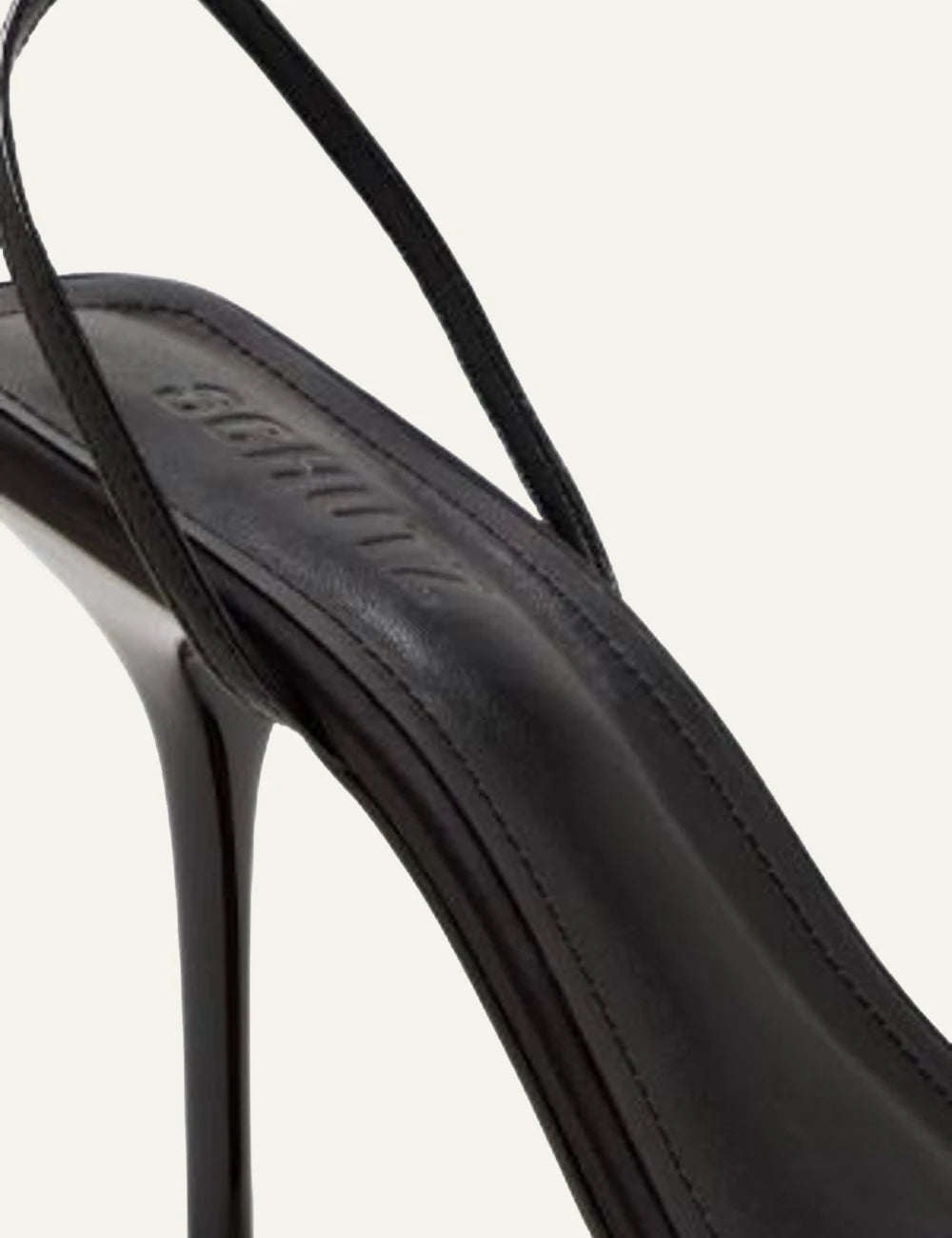 Schutz Elodie black patent leather stiletto sandal with ankle strap detail view