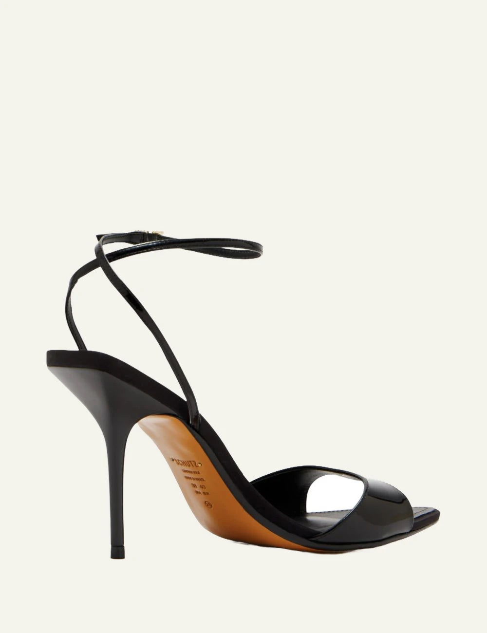 Schutz Elodie black patent leather stiletto sandal with ankle strap back view