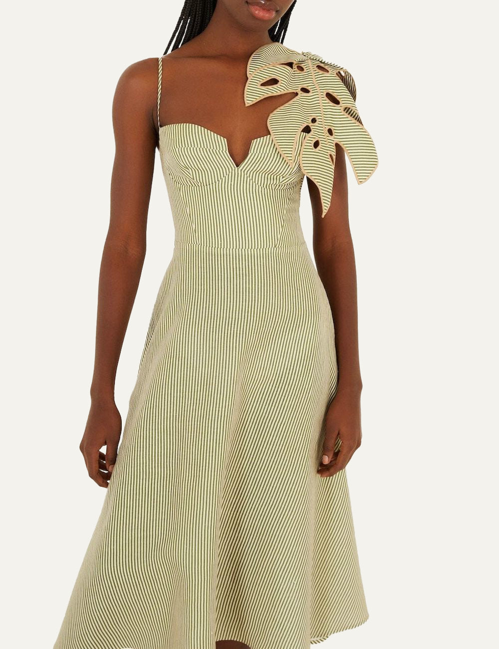 Front detail green striped midi dress με leaf appliqué και φυσική υφή υφάσματος
