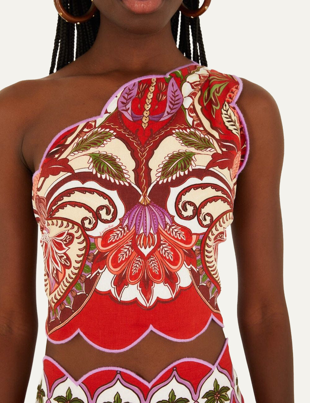 FARM Rio Red Odara Scallops one shoulder top front view με ethnic print