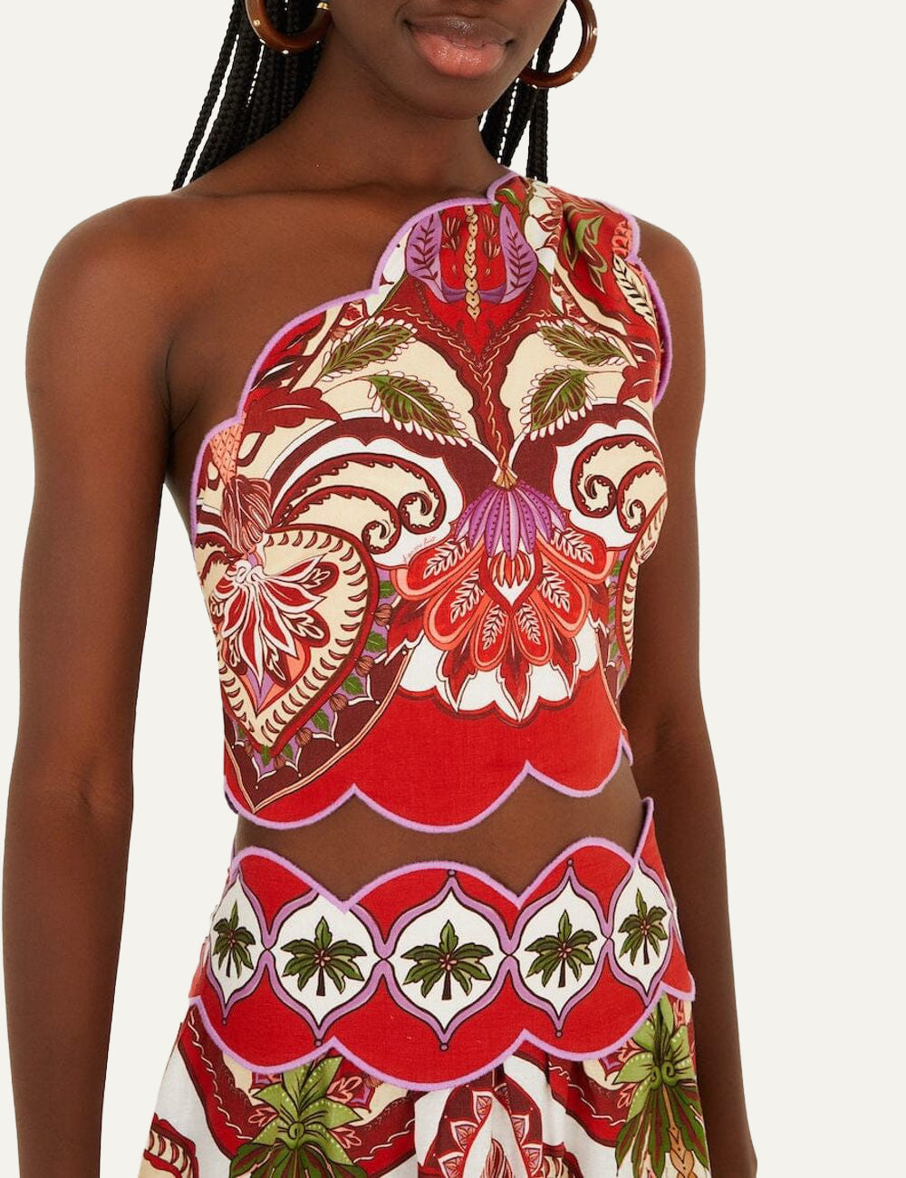FARM Rio Red Odara Scallops asymmetric top close up print detail