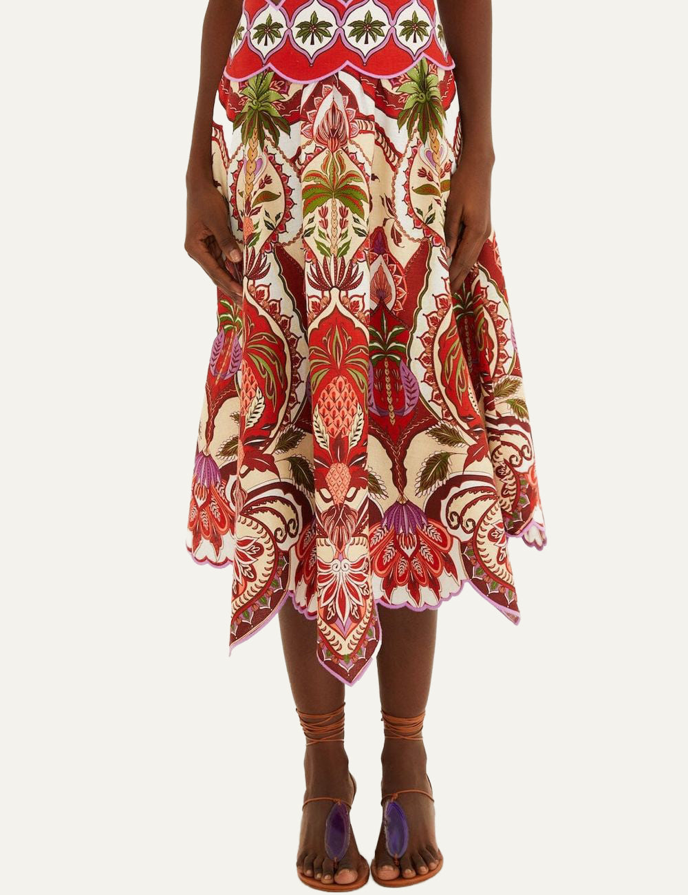 FARM RIO Red Odara Scallops Midi Skirt