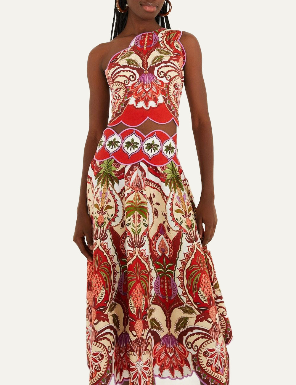 Λεπτομέρεια FARM Rio Odara midi skirt red με scalloped hem και μοτίβο