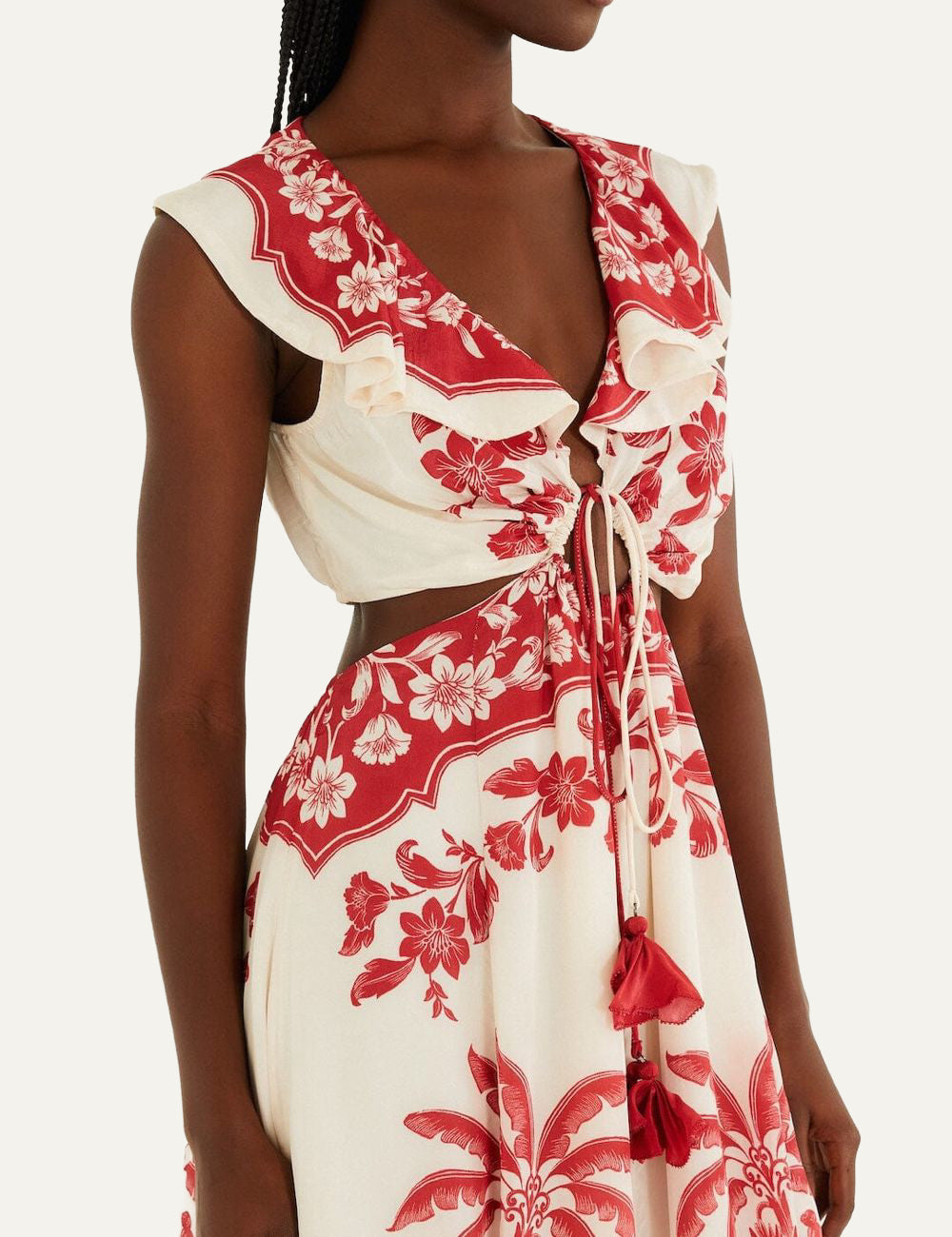 Λεπτομέρεια FARM Rio φόρεμα V neckline cut out waist floral print