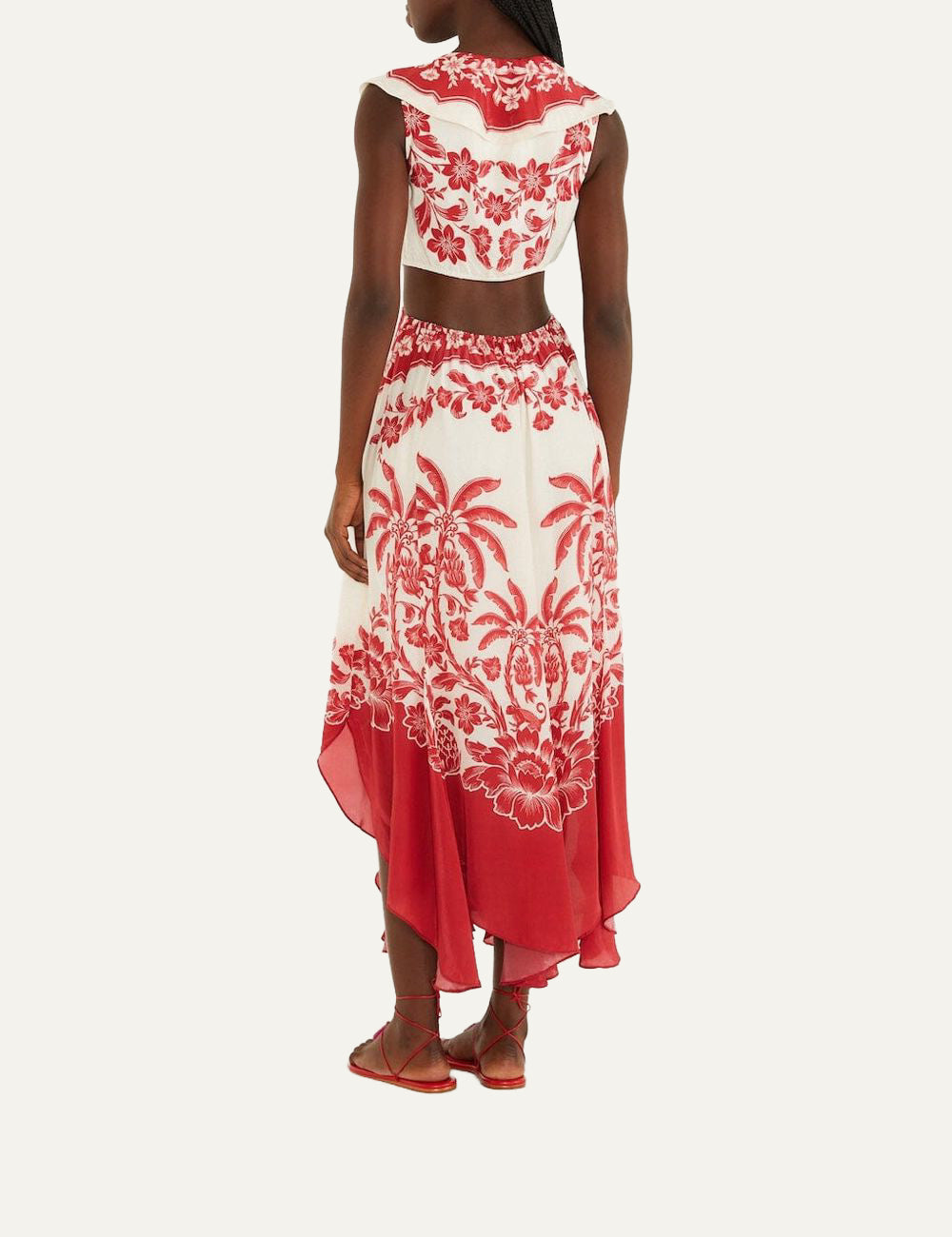 Πίσω όψη FARM Rio midi dress red white tropical pattern back view