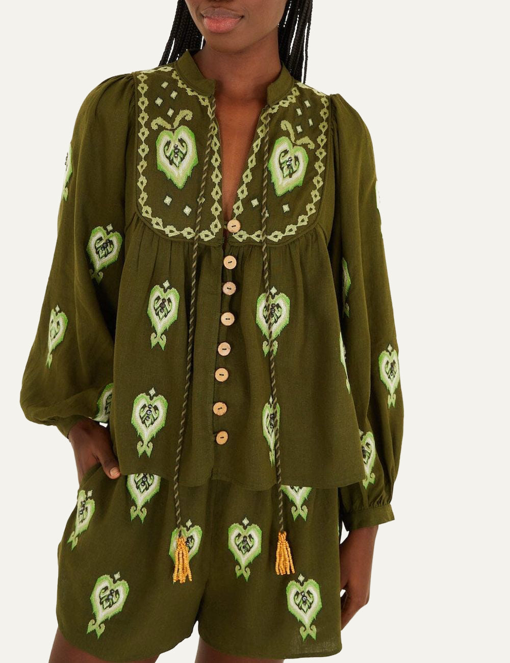 FARM Rio green embroidered blouse front view με puff sleeves