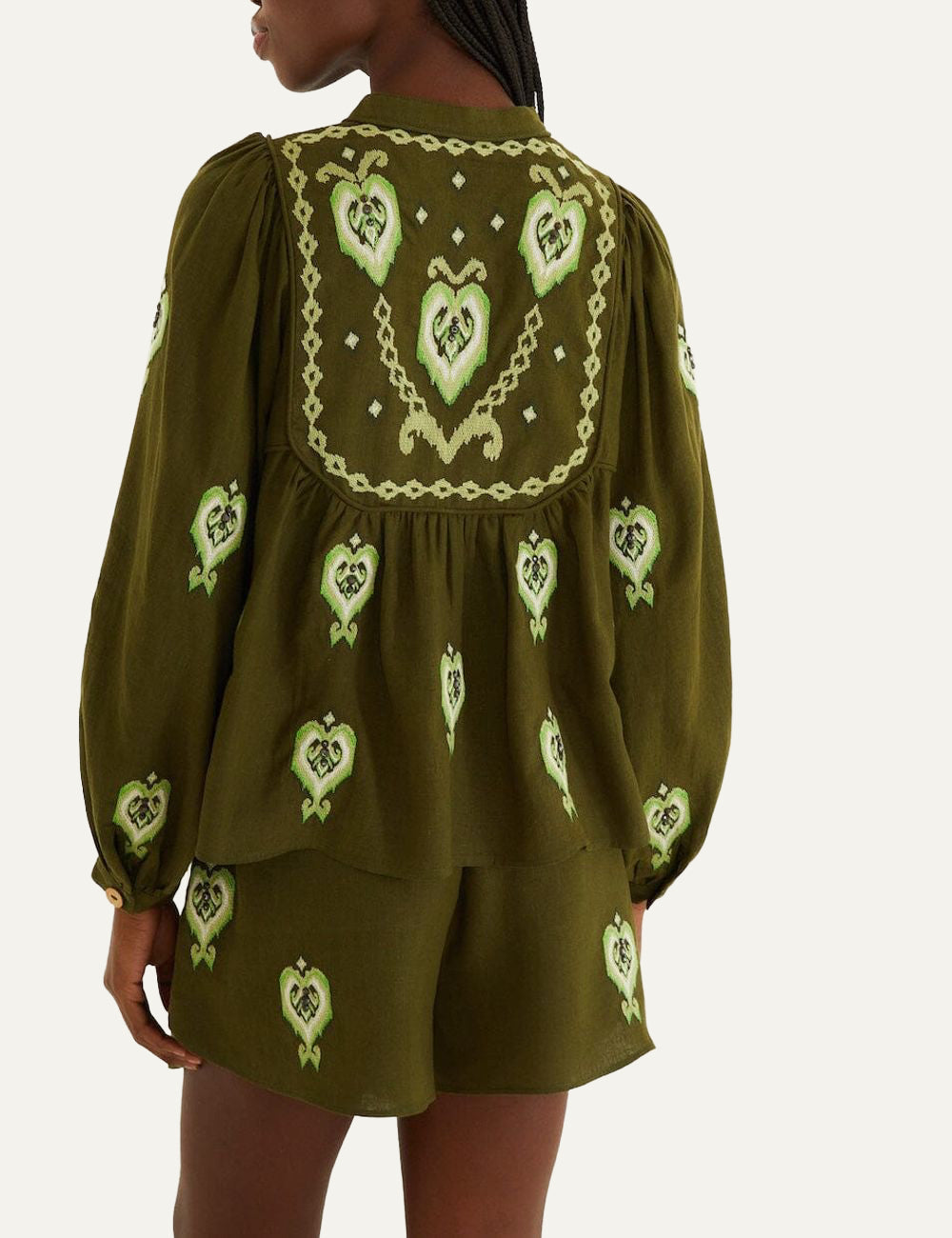 Back view FARM Rio green embroidered puff sleeve blouse
