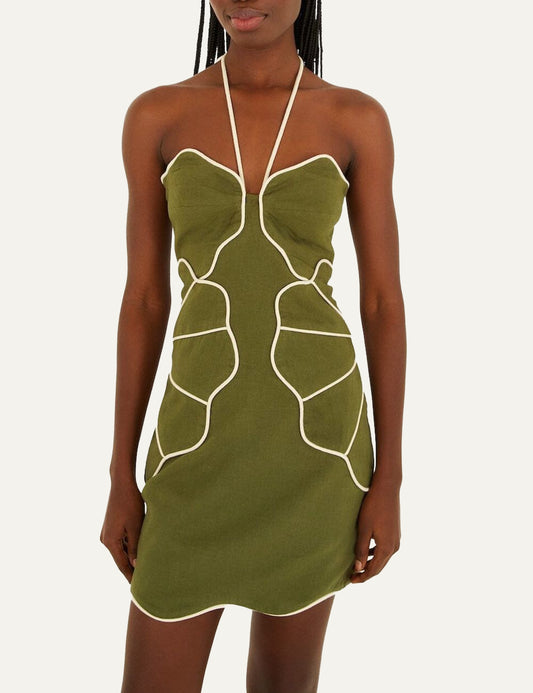 Γυναικείο FARM Rio green halter mini dress front view με wavy trim details