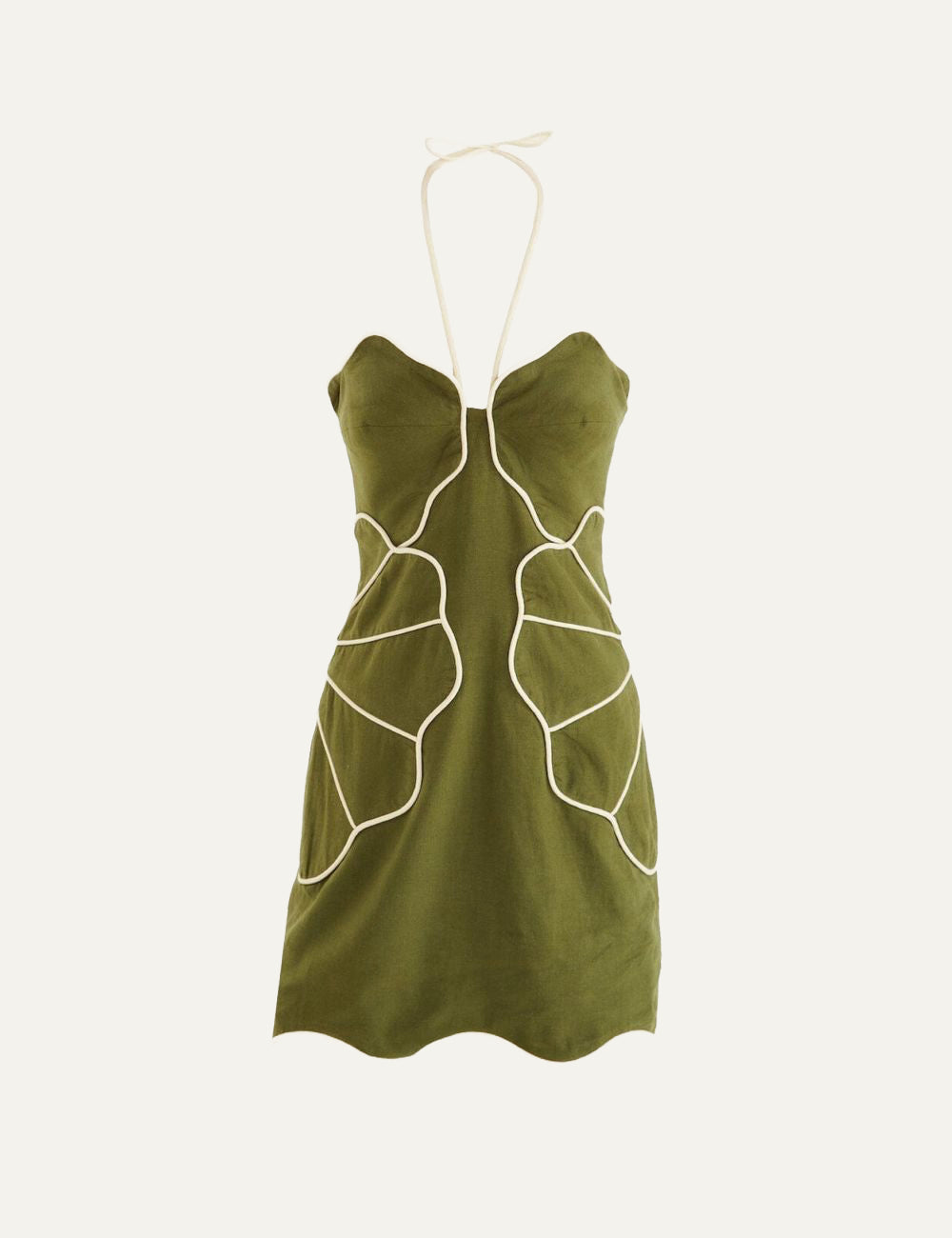 Flat lay FARM Rio green wavy trim halter mini dress olive shade