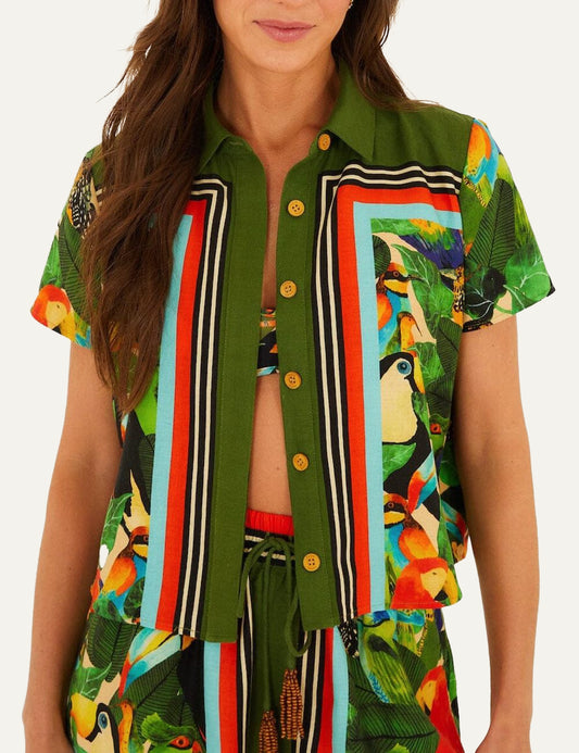 Γυναικείο πουκάμισο FARM Rio Bird Leaves print front view tropical green shirt