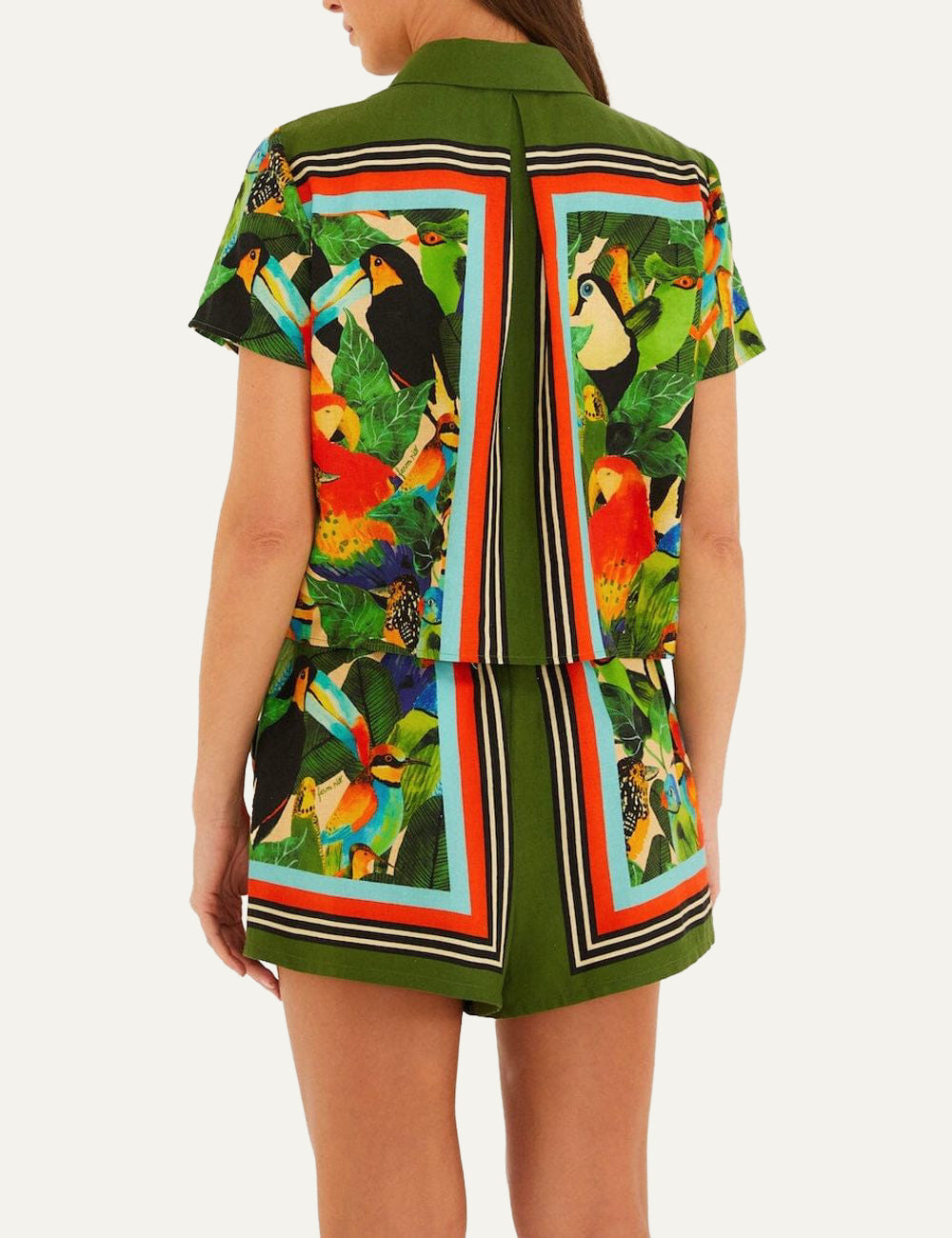 Back view γυναικείο πουκάμισο FARM Rio Bird Leaves print green