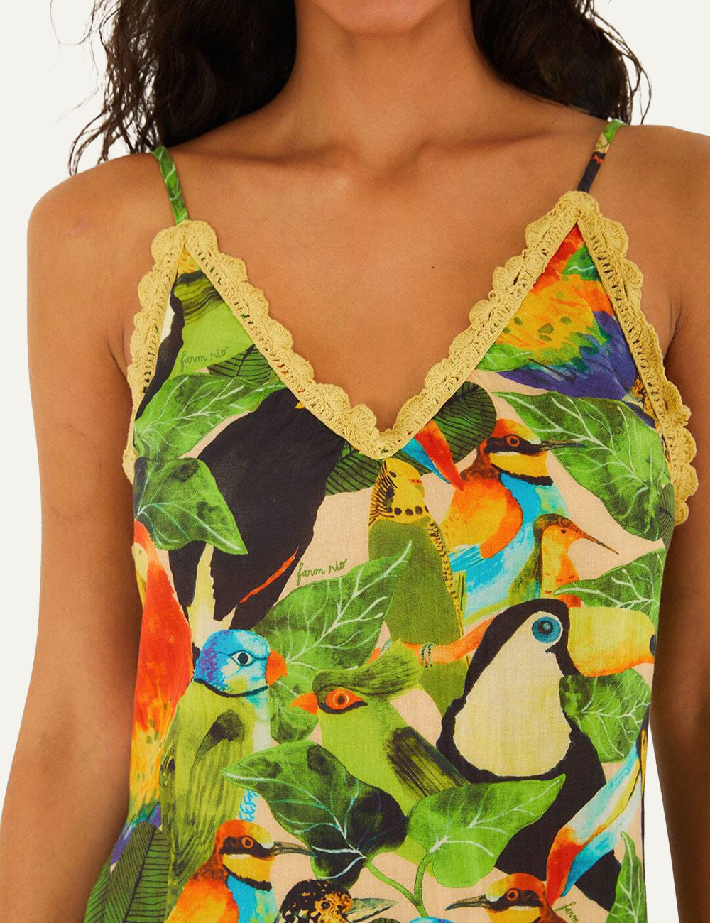 Farm Rio Bird Leaves dress detail V neckline crochet trim tropical birds