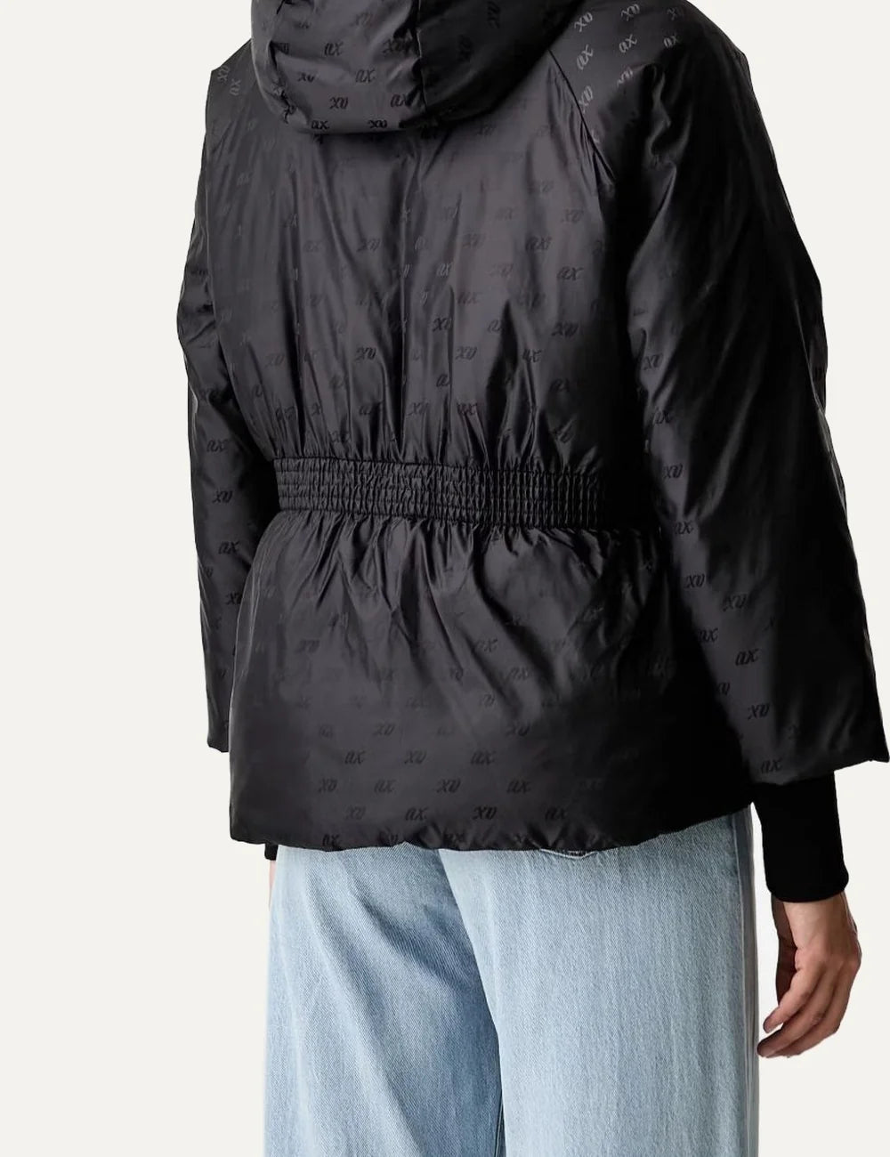 Armani Exchange women's black hooded jacket with all-over tonal logo print, silver-tone zip fastening and elasticated waist back