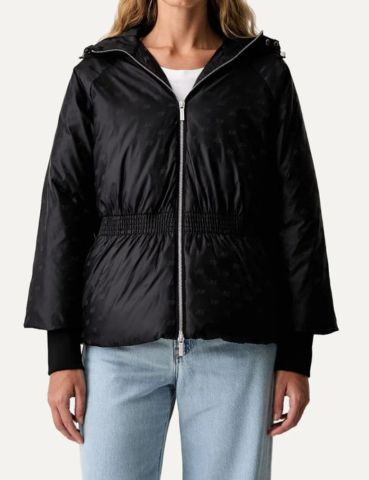 Armani Exchange women's black hooded jacket with all-over tonal logo print, silver-tone zip fastening and elasticated waist.