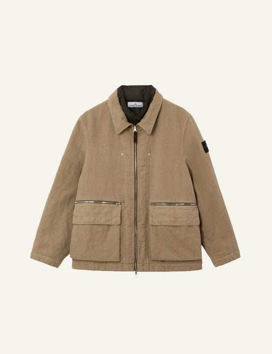Men's Stone Island beige padded field jacket in cotton wool and nylon with Compass patch