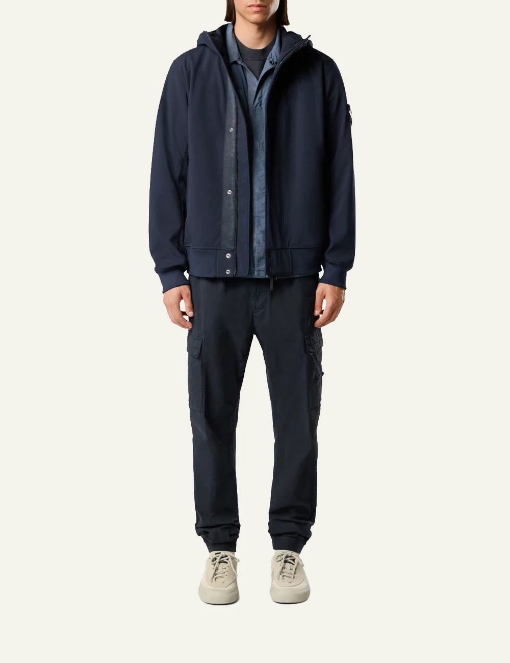 Men's Stone Island navy blue hooded performance jacket with Compass patch full body