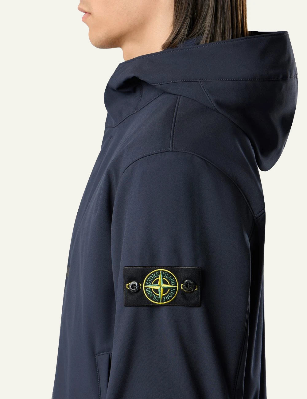 Men's Stone Island navy blue hooded performance jacket with Compass patch side