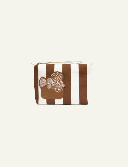 Inoui Poseidon striped pouch brown ecru with fish leather patch front view