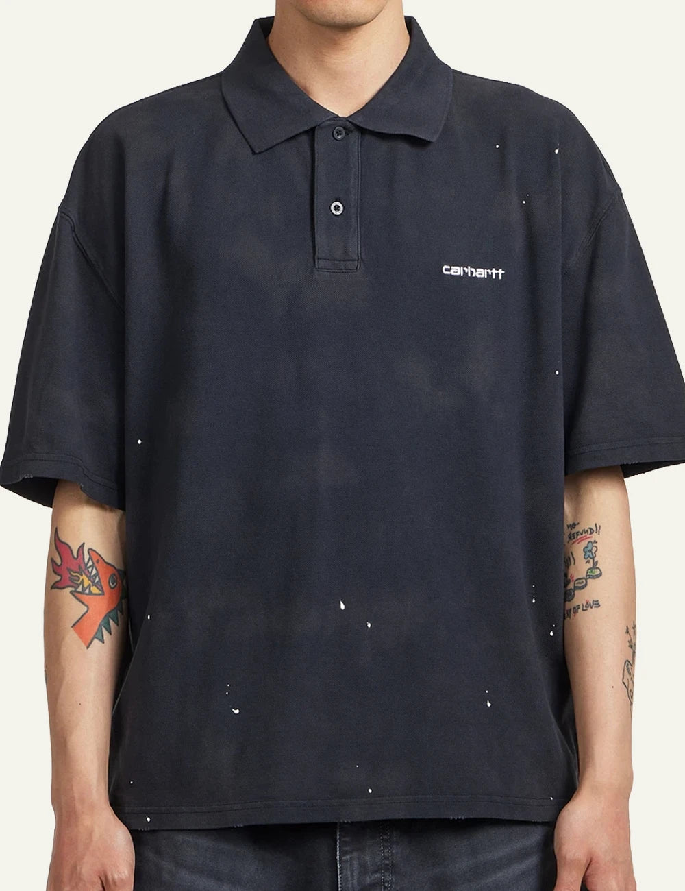 Carhartt WIP Painter Polo mavro destroy wash with speckle details front model view